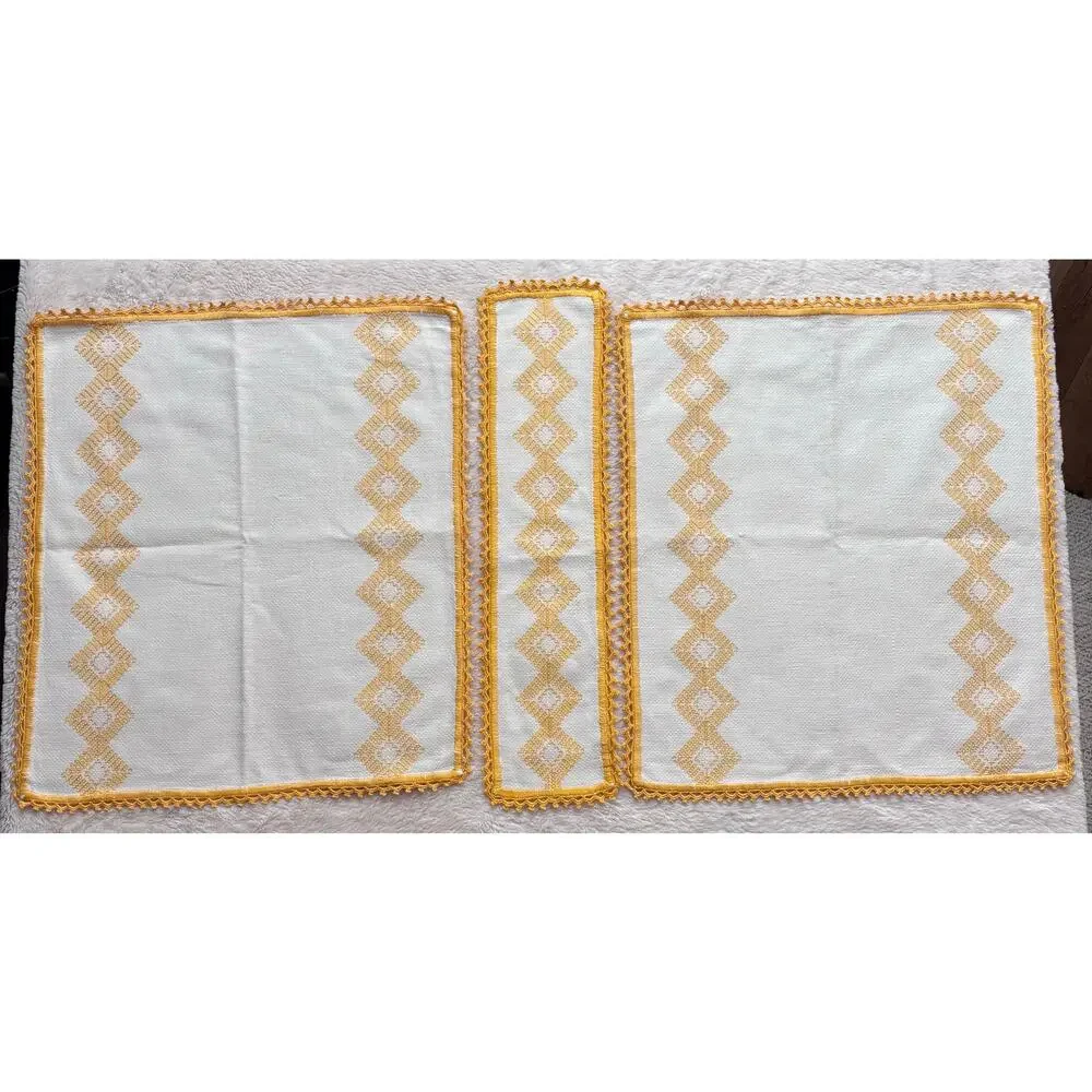 Set of Hand-Embroidered Vintage 1970s Table Linens Goldenrod Yellow White Orange